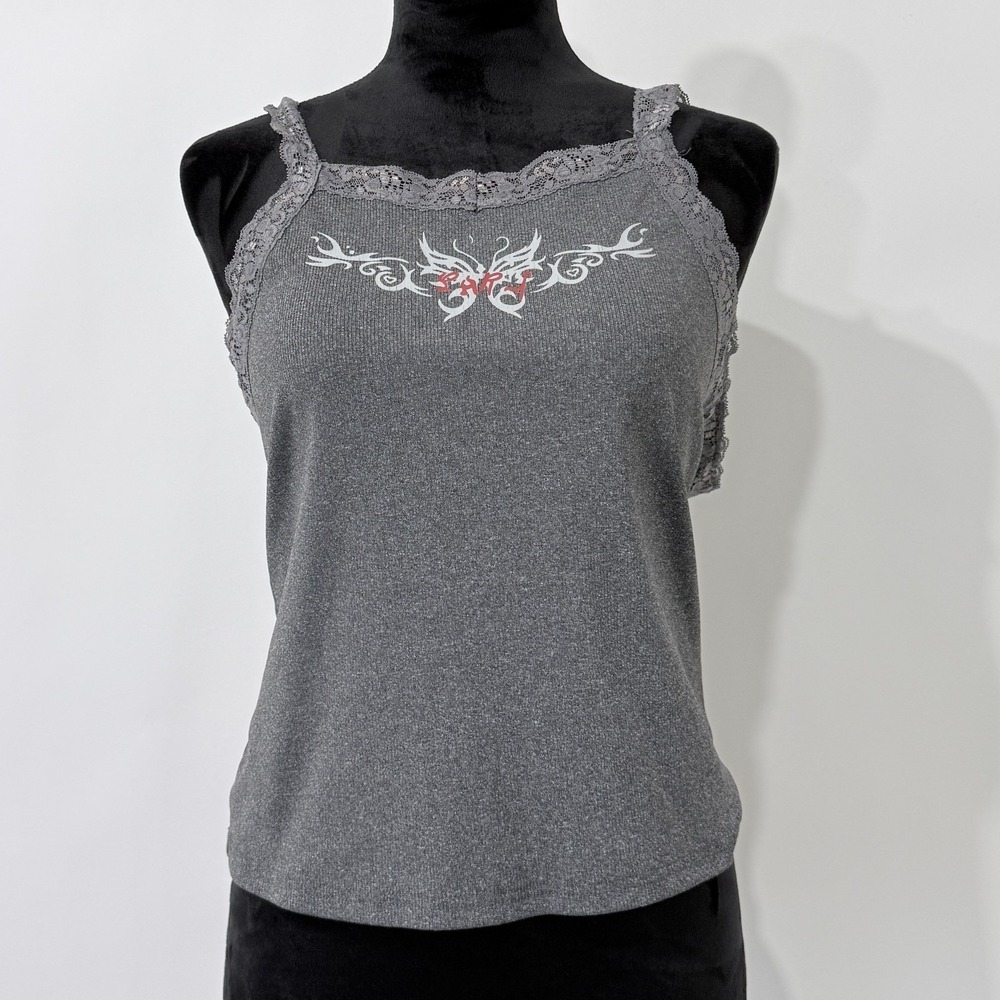 Gray Ribbed Lace Trim Fairy Grunge Tank Top Size XL Fitted Butterfly Graphic